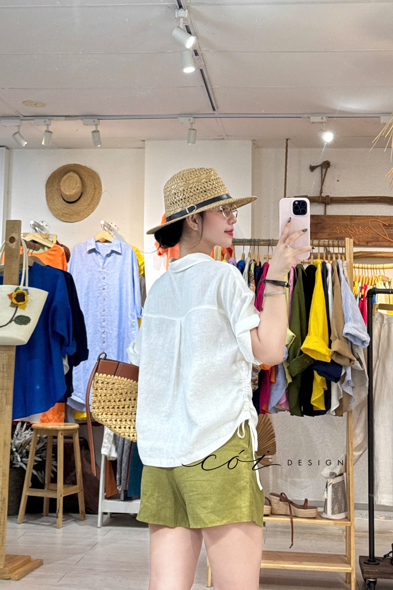 Áo sơ mi rút dây sườn phối hoa handmade linen tưng Cói Design