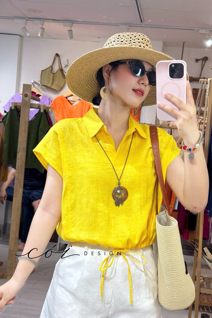Áo cổ sơ mi phối dây linen tưng premium Cói Design