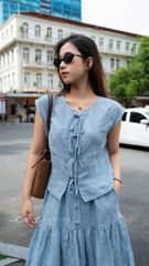 Chân váy 1 tầng nút bọc linen tưng premium Cói Design