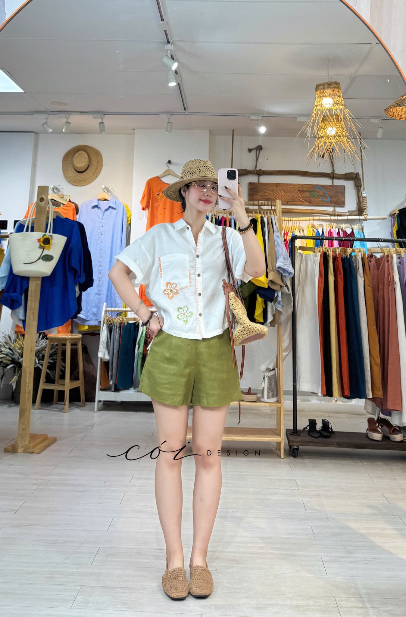Áo sơ mi rút dây sườn phối hoa handmade linen tưng Cói Design