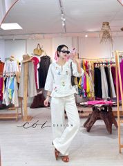 Áo cổ xẻ tay phồng thêu hoa rơi linen tưng premium Cói Design