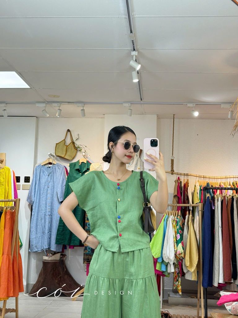 Áo cổ tròn nút đôi nhiều màu linen tưng premium Cói Design