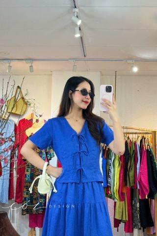 Áo tay ngắn cổ tim linen tưng premium Cói Design