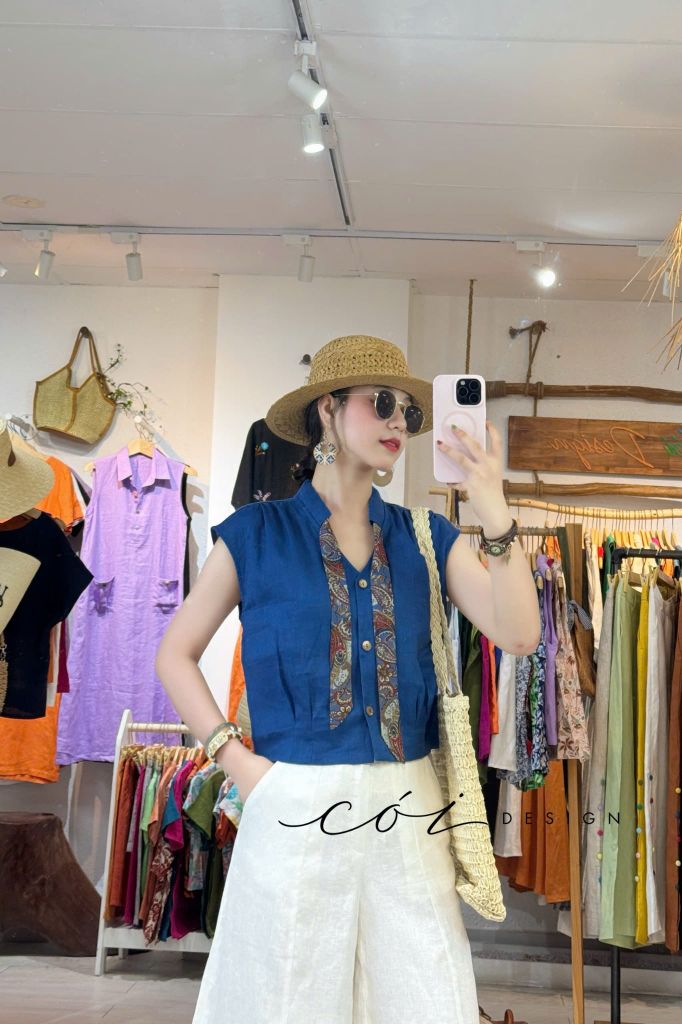 Áo sơ mi phối dây họa tiết linen tưng Cói Design