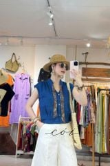 Áo sơ mi phối dây họa tiết linen tưng Cói Design
