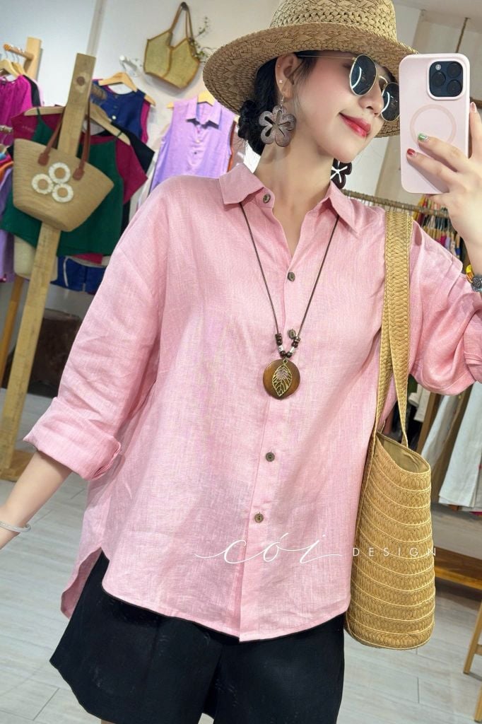 Áo sơ mi form suông phối nút lưng linen tưng premium Cói Design