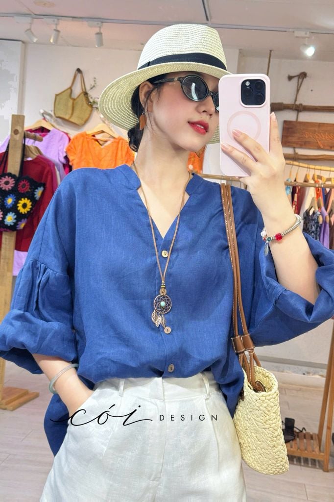 Áo cổ trụ tay nhún form oversize linen tưng premium Cói Design