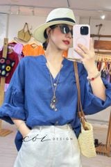 Áo cổ trụ tay nhún form oversize linen tưng premium Cói Design