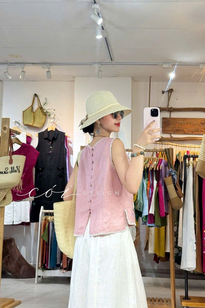 Áo sát nách thêu tay hoa rơi viền sò linen tưng premium Cói Design