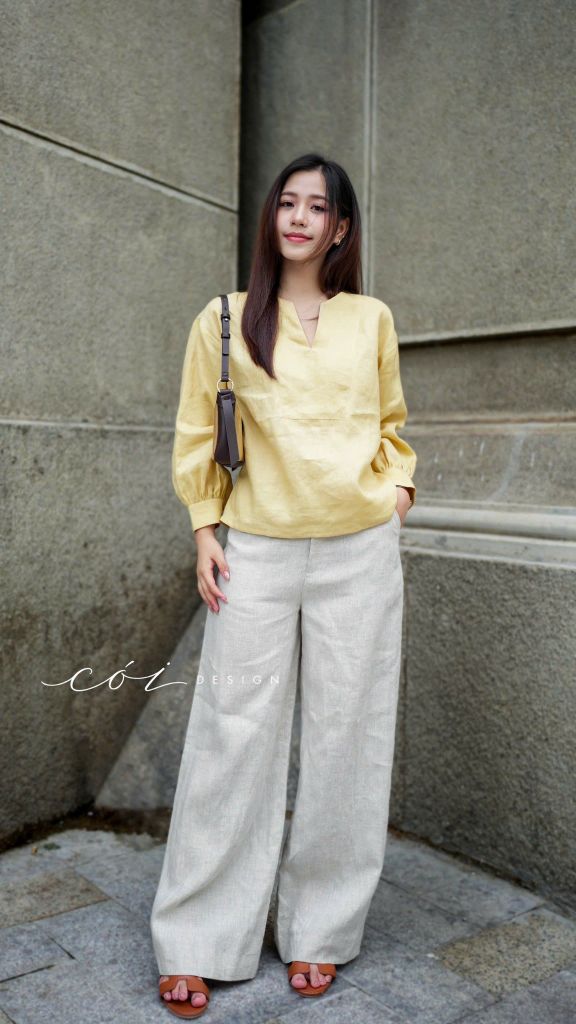 Áo cổ V tay manset linen tưng premium Cói Design