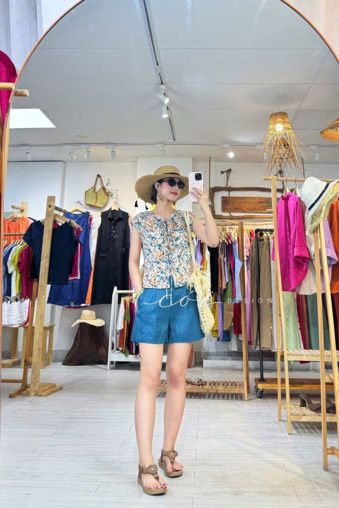 Áo cổ tròn phối nơ linen tưng premium Cói Design