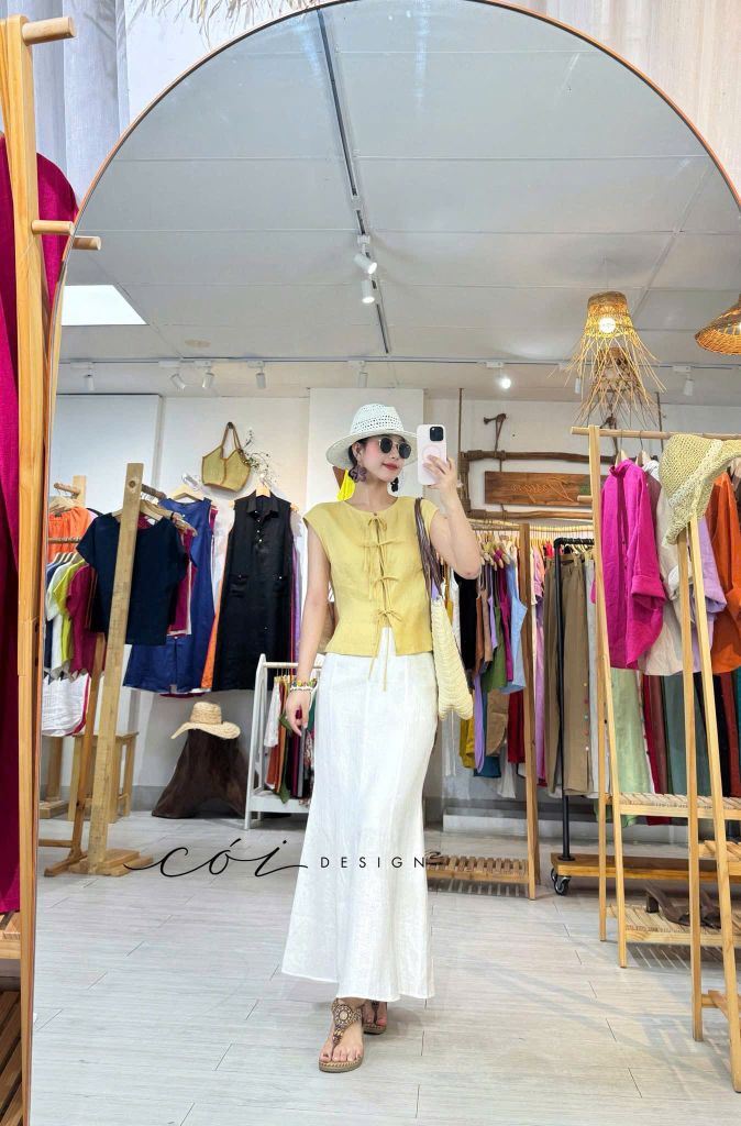 Áo cổ tròn phối nơ linen tưng premium Cói Design