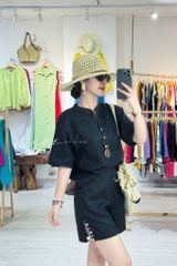Áo cổ trụ tay ngắn nút bọc màu linen Tưng Cói Design