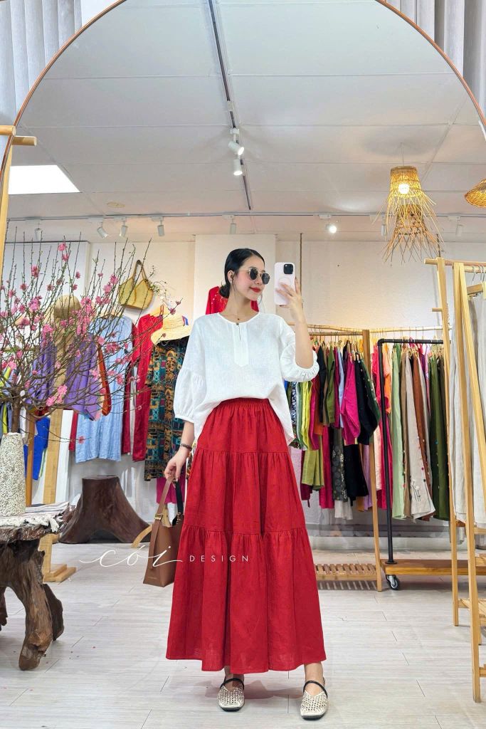 Áo cổ tròn tay nhún lồng đèn linen tưng premium Cói Design