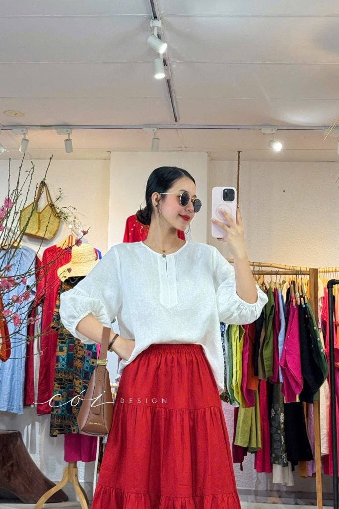 Áo cổ tròn tay nhún lồng đèn linen tưng premium Cói Design