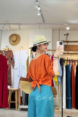 Áo thêu viền cổ phối hoa tua rua handmade linen tưng premium Cói Design