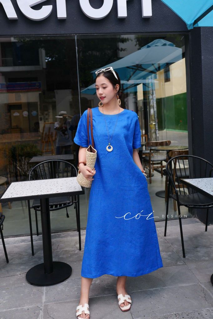 Đầm suông nút bọc màu kèm belt linen tưng premium Cói Design