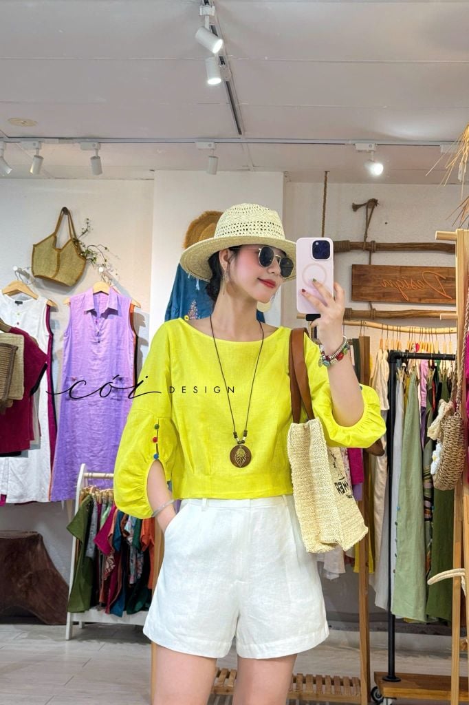 Áo tay phồng phối nơ lưng linen tưng premium Cói Design