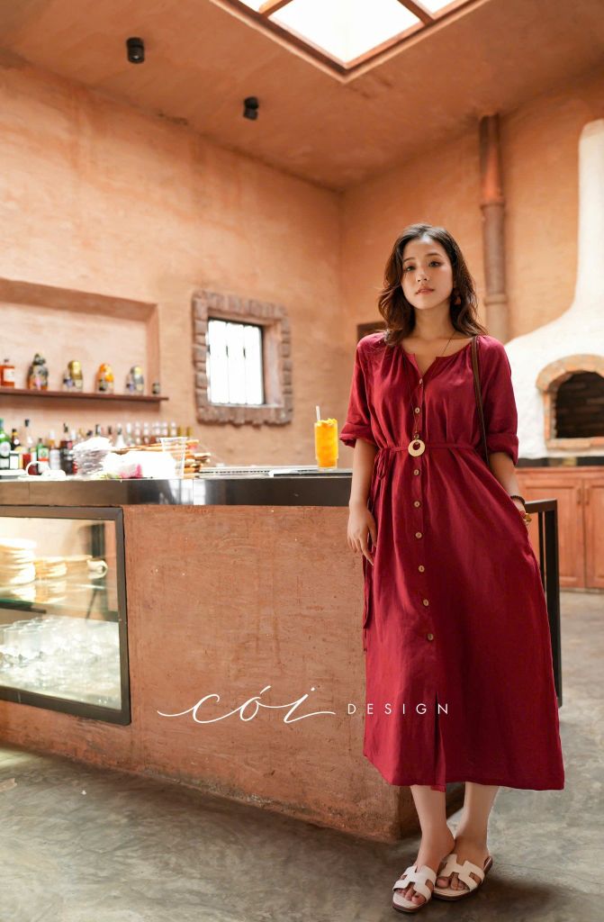 Đầm suông cổ tròn xếp nhún kèm belt linen tưng premium Cói Design