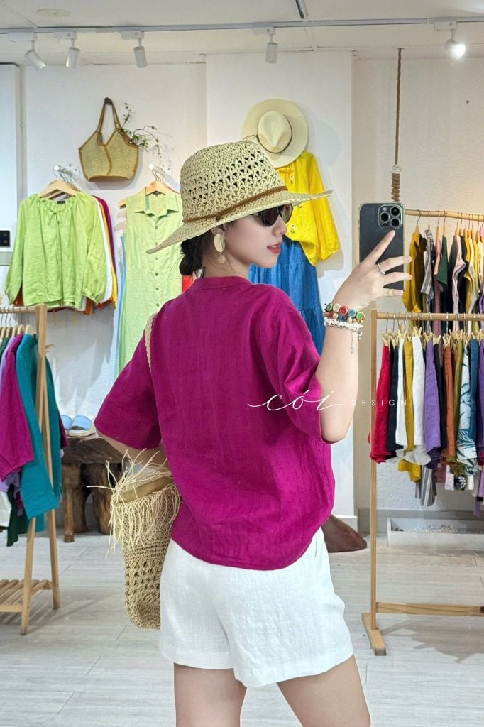 Áo cổ trụ tay ngắn nút bọc màu linen Tưng Cói Design