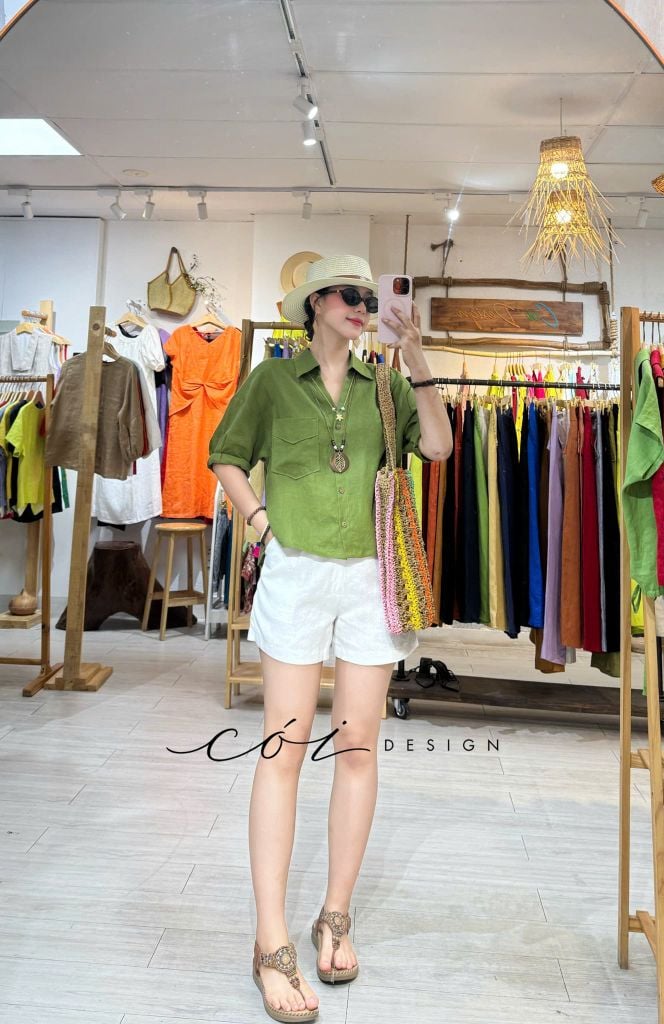 Áo sơ mi nút lưng phối túi linen tưng premium Cói Design
