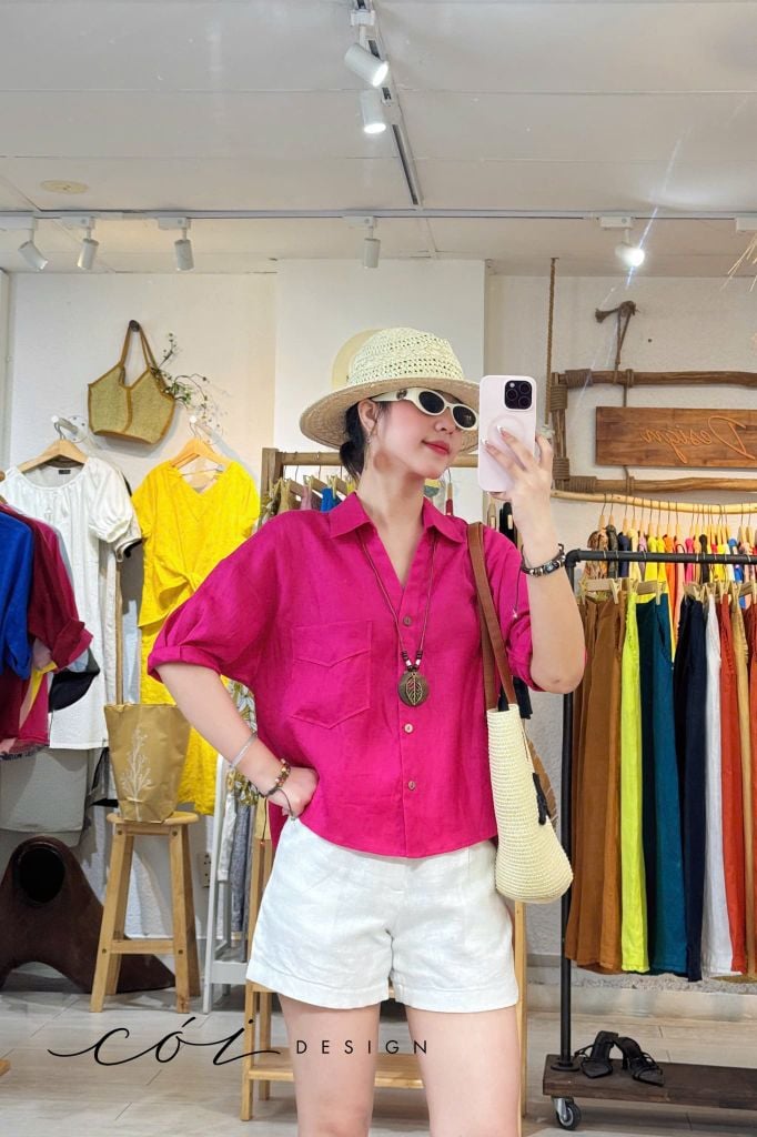 Áo sơ mi nút lưng phối túi linen tưng premium Cói Design