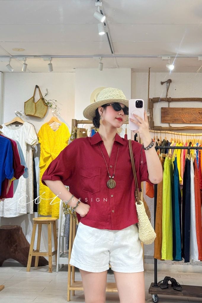 Áo sơ mi nút lưng phối túi linen tưng premium Cói Design