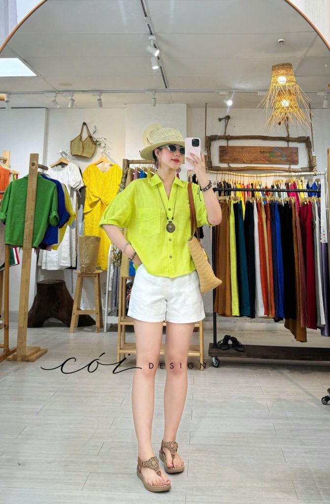 Áo sơ mi nút lưng phối túi linen tưng premium Cói Design