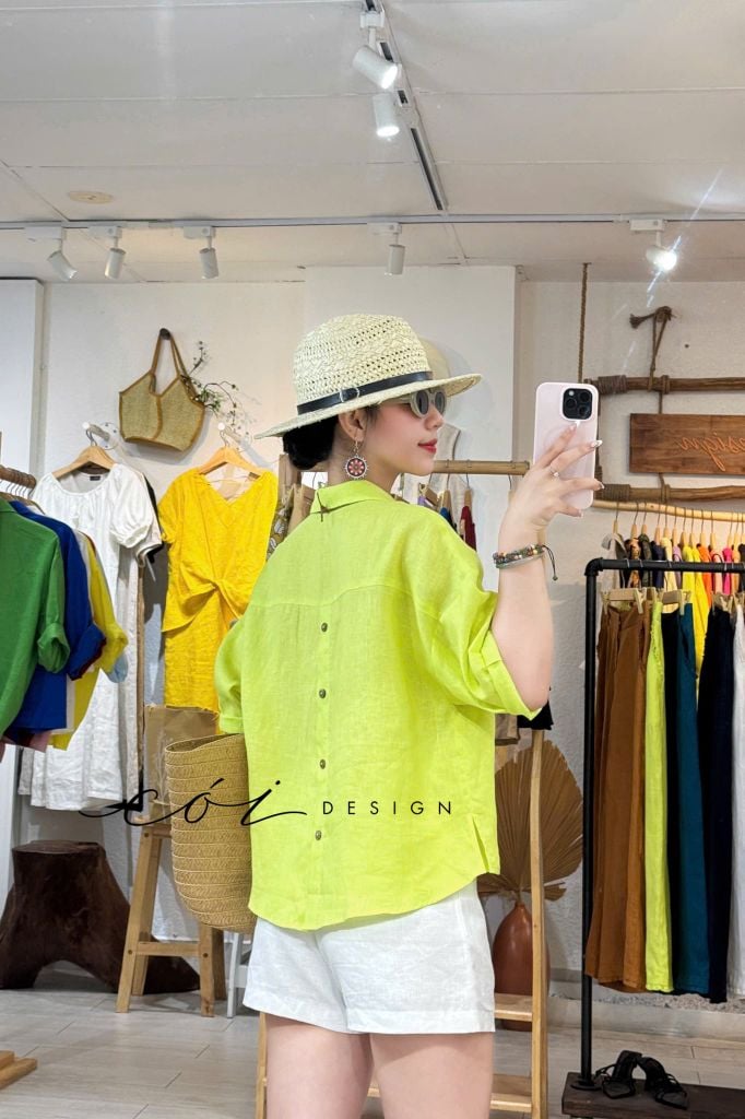 Áo sơ mi nút lưng phối túi linen tưng premium Cói Design