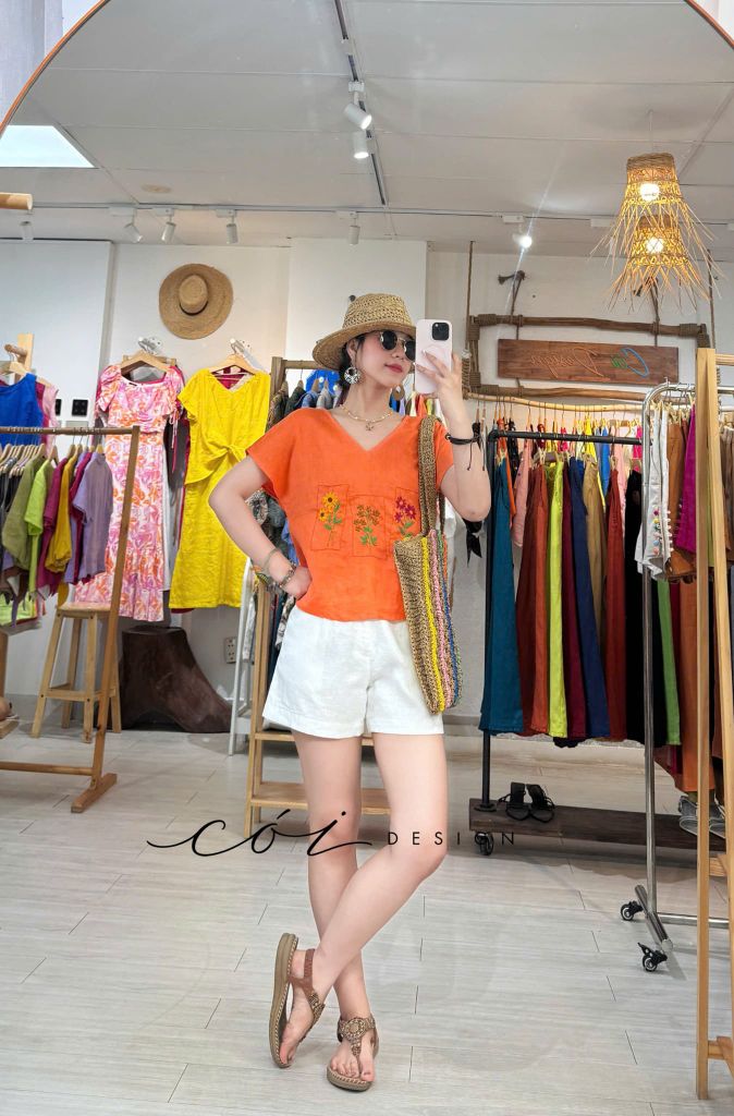 Áo thêu 3 ô linen tưng premium Cói Design