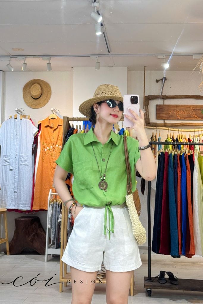 Áo sơ mi croptop 1 túi linen tưng premium Cói Design