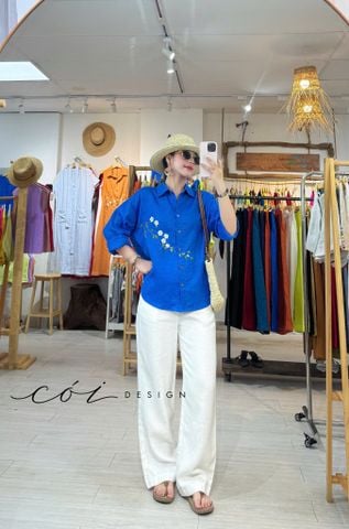Áo sơ mi thêu Lam Hoa linen tưng premium Cói Design