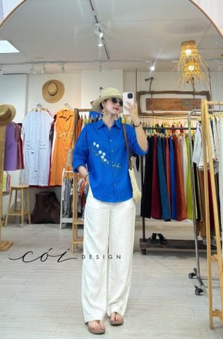 Áo sơ mi thêu Lam Hoa linen tưng premium Cói Design