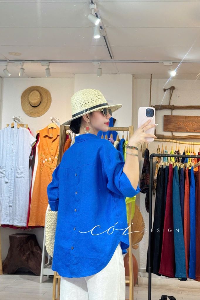Áo sơ mi thêu Lam Hoa linen tưng premium Cói Design