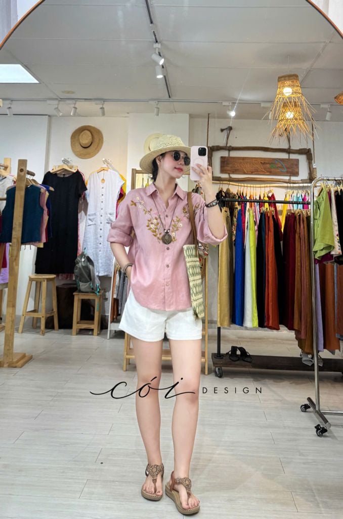 Áo sơ mi thêu hoa Hạ Vân linen tưng premium Cói Design