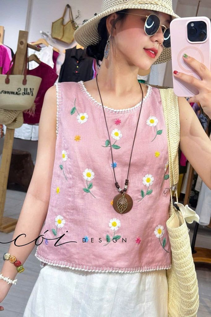 Áo sát nách thêu tay hoa rơi viền sò linen tưng premium Cói Design