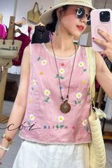 Áo sát nách thêu tay hoa rơi viền sò linen tưng premium Cói Design