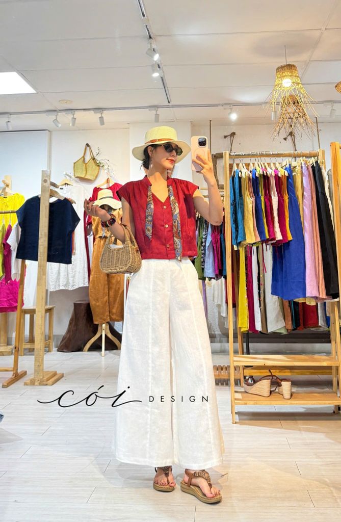Áo sơ mi phối dây họa tiết linen tưng Cói Design