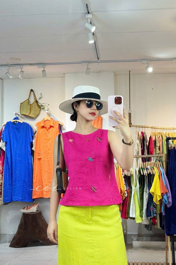 Áo thêu sát nách nút bọc Hoa Gió linen tưng premium Cói Design