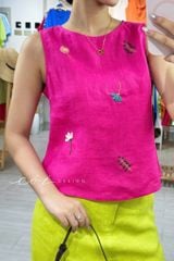 Áo thêu sát nách nút bọc Hoa Gió linen tưng premium Cói Design