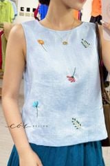 Áo thêu sát nách nút bọc Hoa Gió linen tưng premium Cói Design