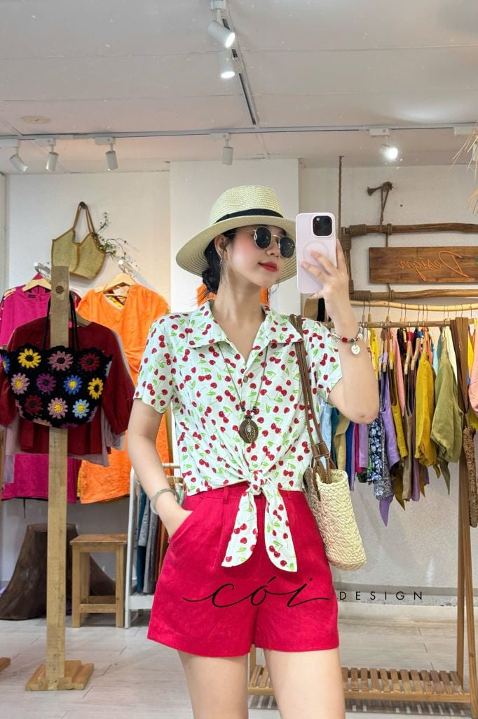 Áo tay ngắn thắt nơ linen Cói Design