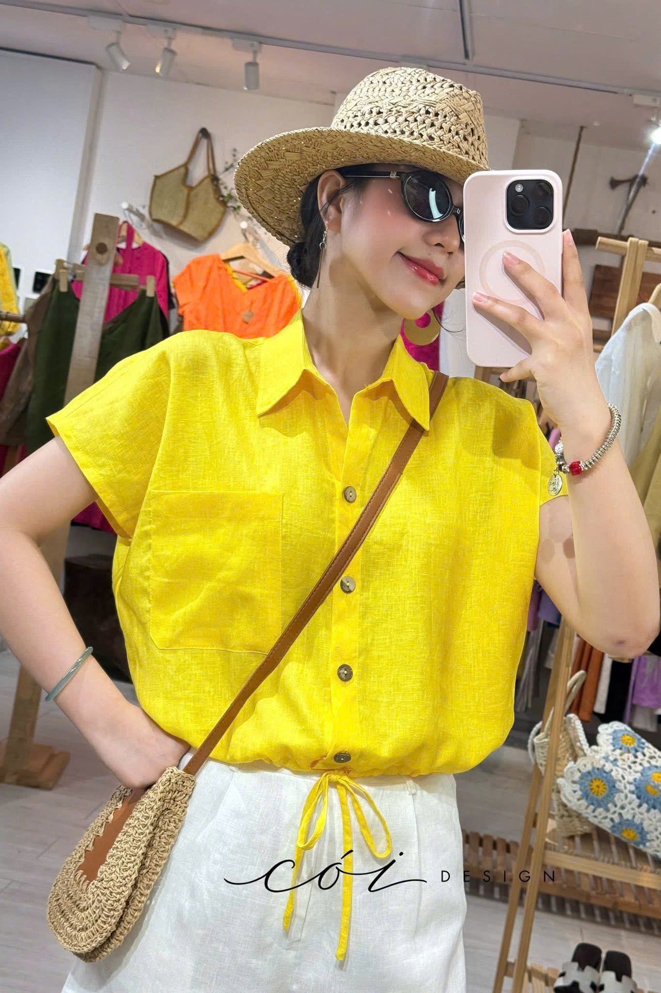 Áo sơ mi croptop 1 túi linen tưng premium Cói Design