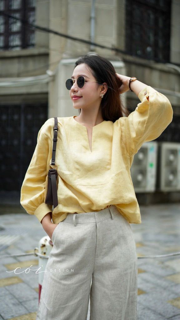 Áo cổ V tay manset linen tưng premium Cói Design
