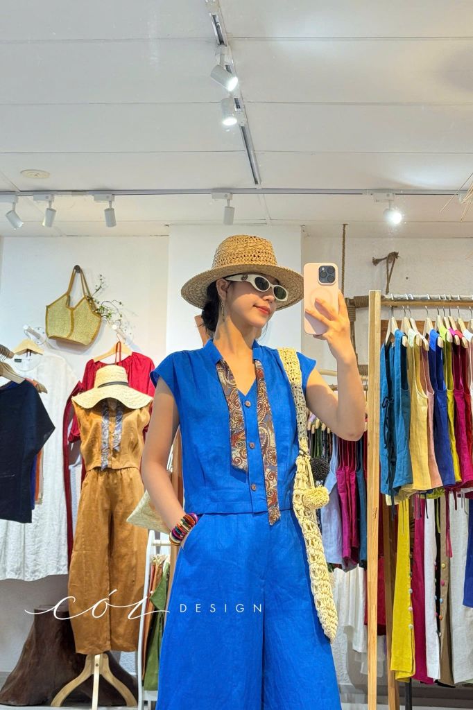 Áo sơ mi phối dây họa tiết linen tưng Cói Design