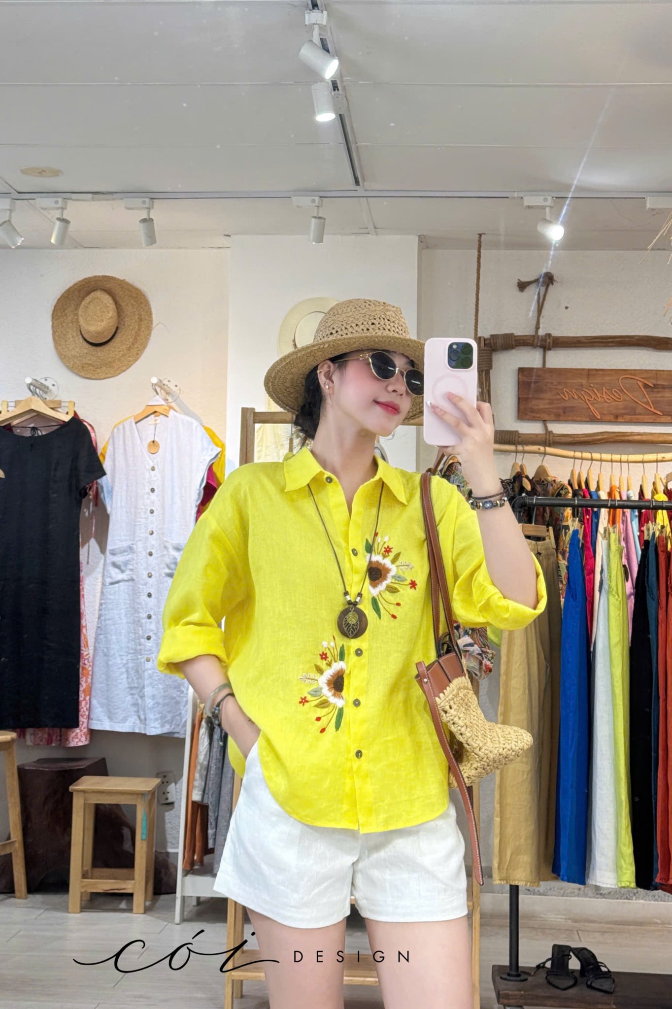 Áo sơ mi thêu hoa Họa mi vàng linen tưng premium Cói Design