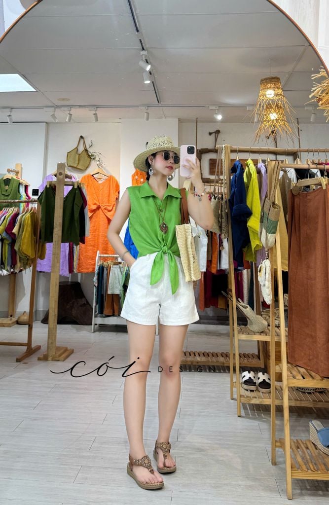 Áo sát nách thắt dây linen tưng premium Cói Design