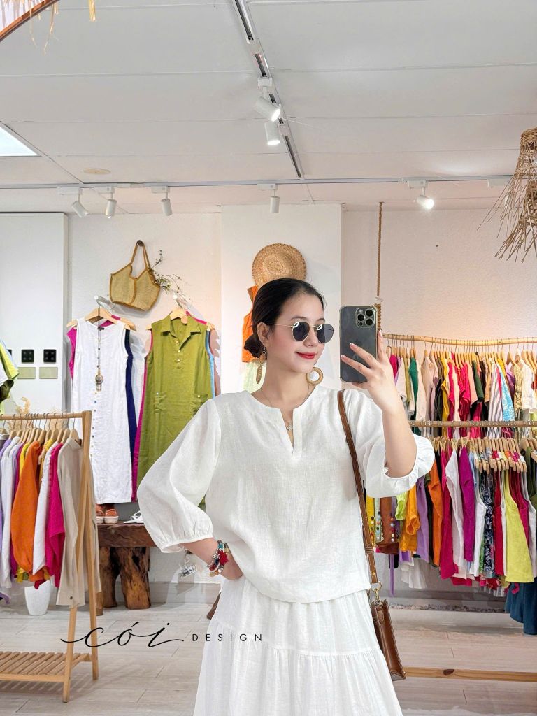 Áo cổ xẻ tròn tay phồng linen tưng premium Cói Design