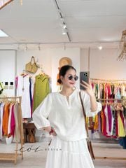 Áo cổ xẻ tròn tay phồng linen tưng premium Cói Design