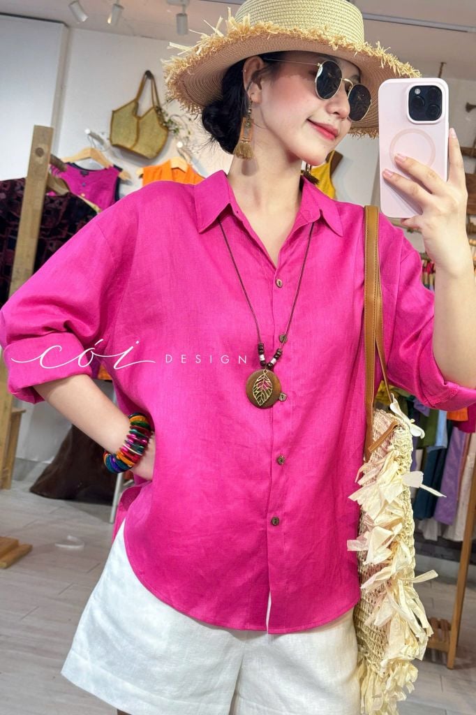 Áo sơ mi form suông phối nút lưng linen tưng premium Cói Design